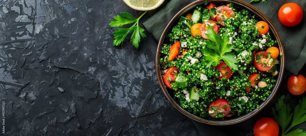 Top view. Tabbouleh salad. Traditional middle eastern or arabic cuisine. Vegetarian. Healthy food Top view. Tabbouleh salad. Traditional middle eastern or arabic cuisine. Vegetarian. Healthy food