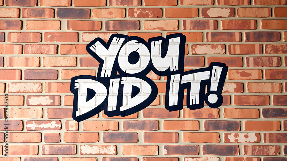 Obraz premium “You Did It!” text in a funky graffiti-style font over a textured brick wall. Generative AI