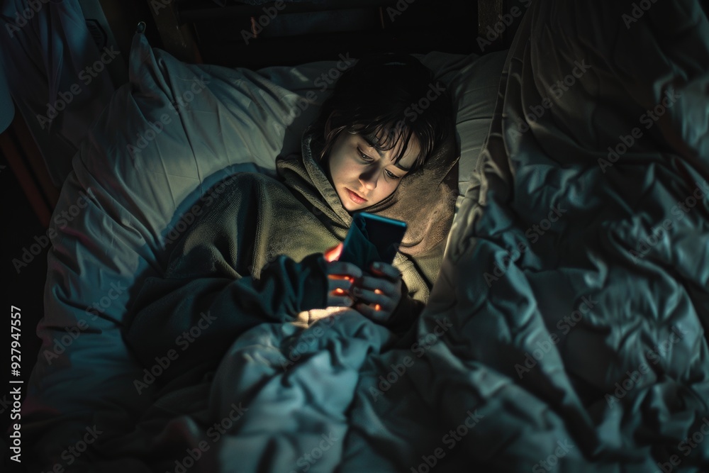 Nighttime portrait of woman using smartphone in bed, looking at screen in dark room Nighttime portrait of woman using smartphone in bed, looking at screen in dark room