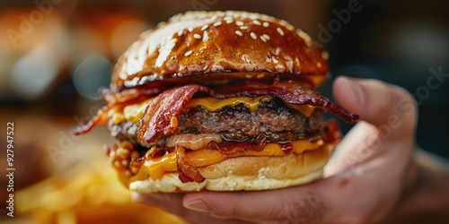 Hand holding a double smash burger with crispy bacon cheddar cheese and onions photo