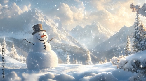 A Snowy Day in the Mountains With a Happy Snowman