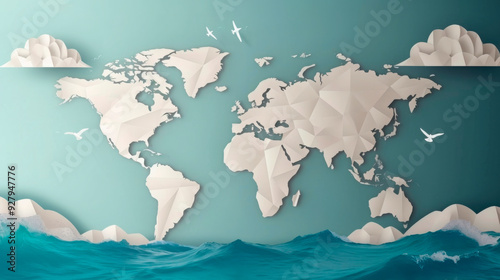 Stylized world map in orange against a cloud-filled sky, symbolizing global connectivity and environmental awareness. Ideal for businesses in travel, education, or environmental sectors and related 