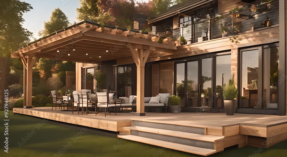 Back yard house exterior with spacious wooden deck with patio area and attached pergola 4k animation Back yard house exterior with spacious wooden deck with patio area and attached pergola 4k animation