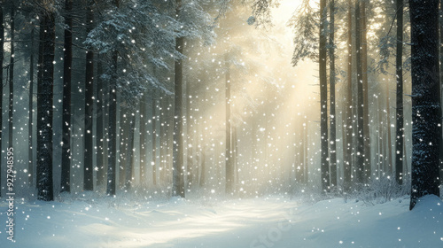 Winter forest with falling snowflakes, adding softness to the scene and a sense of a winter fairy tale.