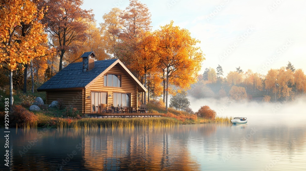 Autumn Cabin by the Lake. Autumn Cabin by the Lake.