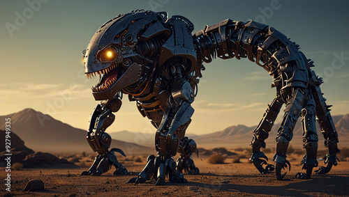 illustration of a black mamba monster robot made of iron