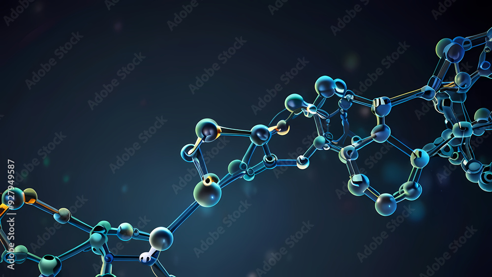 abstract background representing molecular structures in chemistry, featuring interconnected glowing atoms and swirling chemical bonds against a deep blue gradient abstract background representing molecular structures in chemistry, featuring interconnected glowing atoms and swirling chemical bonds against a deep blue gradient