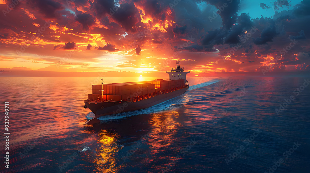 Cargo Ship Sailing at Sunset - Realistic Image Cargo Ship Sailing at Sunset - Realistic Image