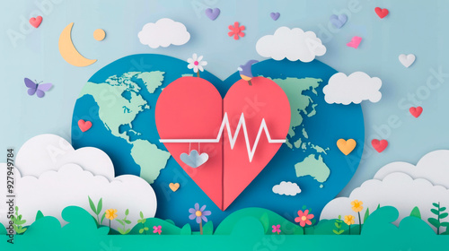 Paper-cut artwork showing a heart and pulse on a world map, ideal for health awareness campaigns and global health initiatives photo