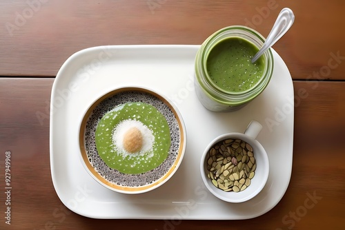 White Plate with a Cup of Green Smoothie for a Nutritious Breakfast photo