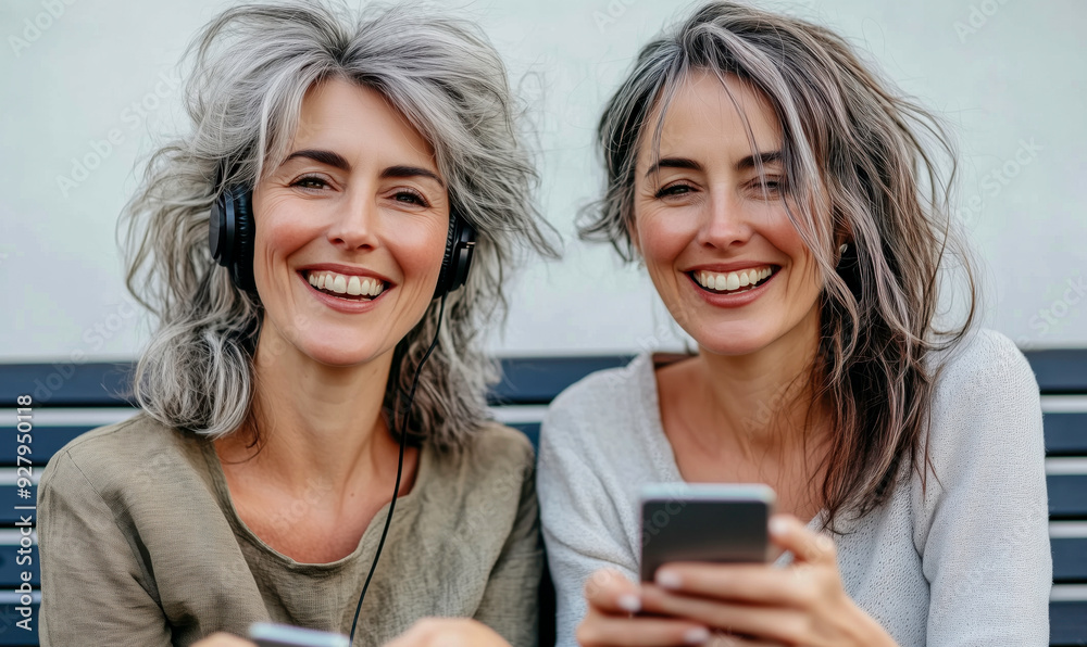 Two women are smiling and holding a cell phone Two women are smiling and holding a cell phone