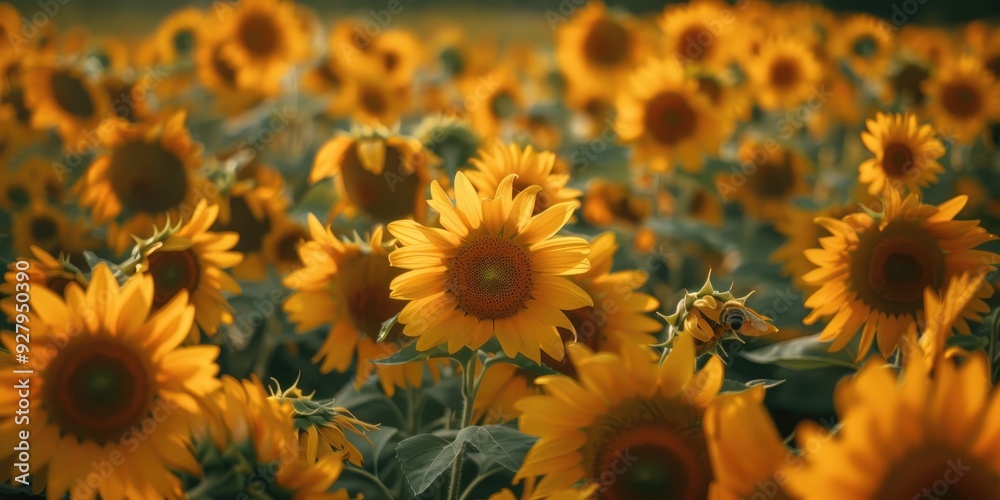 Fototapeta premium Summer scene Sunflower field buzzing with bees as they pollinate the yellow flowers