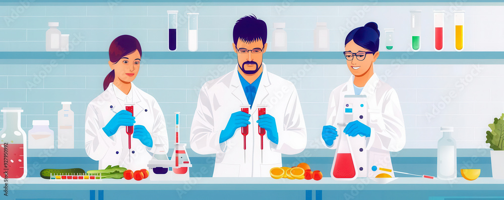 Synthetic biology in food, DNA editing tools and scientists, flat design illustration Synthetic biology in food, DNA editing tools and scientists, flat design illustration