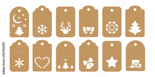 Set of 12 Christmas gift tags shapes cut files. Vector templates for cutting. New Year and winter holiday tag stencils
