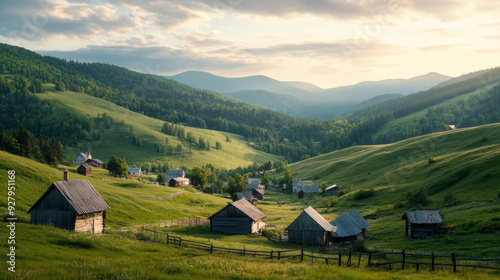 Cozy village in the mountains, surrounded by green hills, fills the heart with warmth and peace.