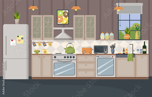 Modern kitchen interior. Window with blinds. Kitchen utensils - dishes, spice jars, toaster and kettle. Refrigerator and cabinets, shelves. Stove and dishwasher. Flat style. Vector illustration