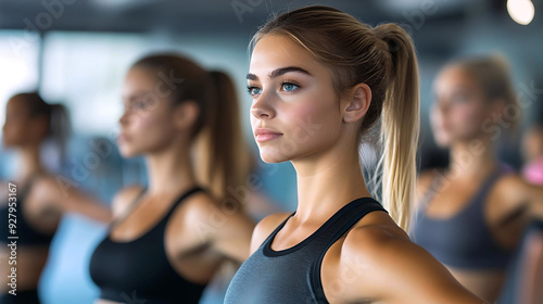 Young woman with a determined expression, focused during a fitness class, highlighting strength and dedication to a healthy lifestyle.