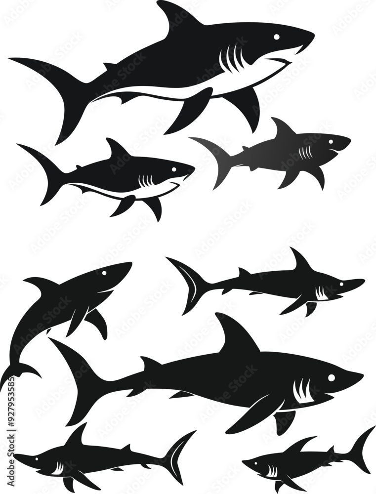 Fototapeta premium set of sharks in different poses silhouette, vector 
