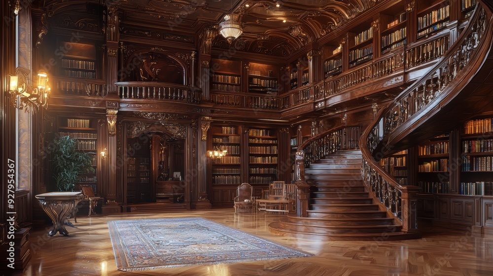 Grand Library with Curved Staircase. Grand Library with Curved Staircase.