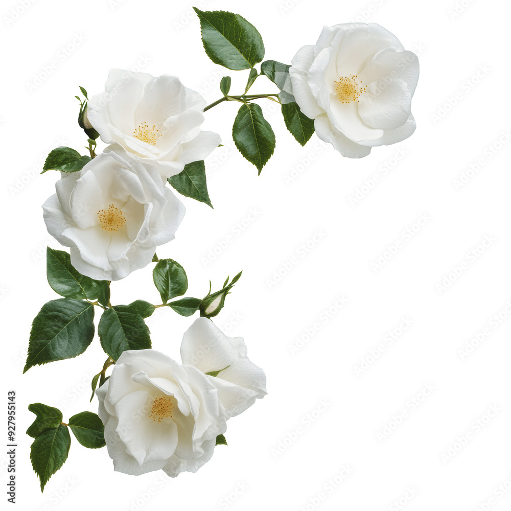 Obraz premium PNG White roses with green leaves arranged elegantly