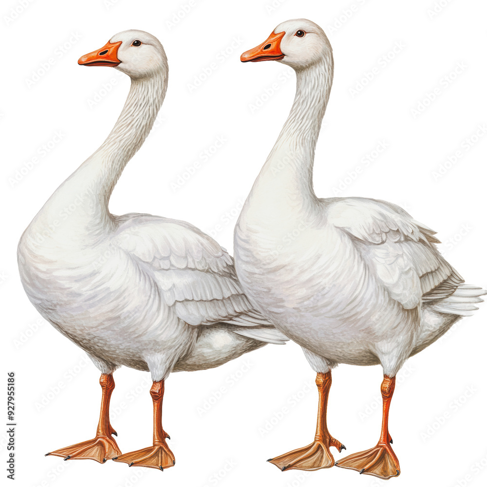 PNG Two white geese standing together in a meadow PNG Two white geese standing together in a meadow