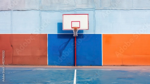 A basketball hoop mounted on a wall with brown, blue and light blue panels. The hoop has a white backboard and a net. The basketball court is painted on the ground in blue and white. photo