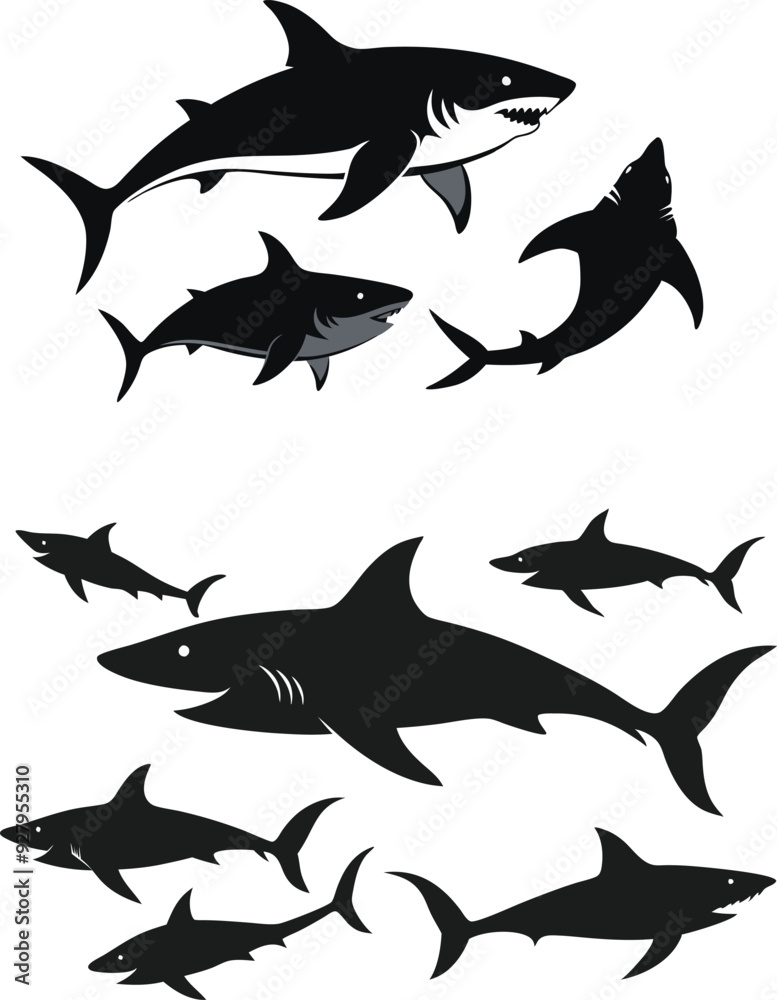 set of sharks in different poses silhouette, vector set of sharks in different poses silhouette, vector