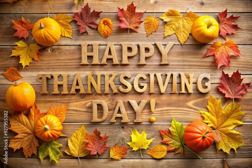 happy thanksgiving day in autumn leaves and pumpkins on wooden background