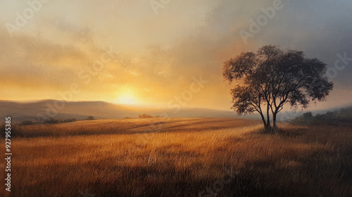 The evening sunset sinks into the horizon, adding warmth and atmosphere to the landscape with its layered background