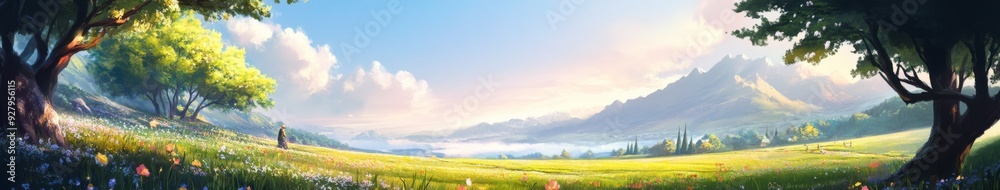 Obraz premium Springtime Whimsy: anime-style Morning on a Blooming Field, Enchanted with the Fragrance of Floral Seasonal Delights, Perfect for Easter Greetings,Anime-Style,illustration,Picture BooksFor Poster,Nove
