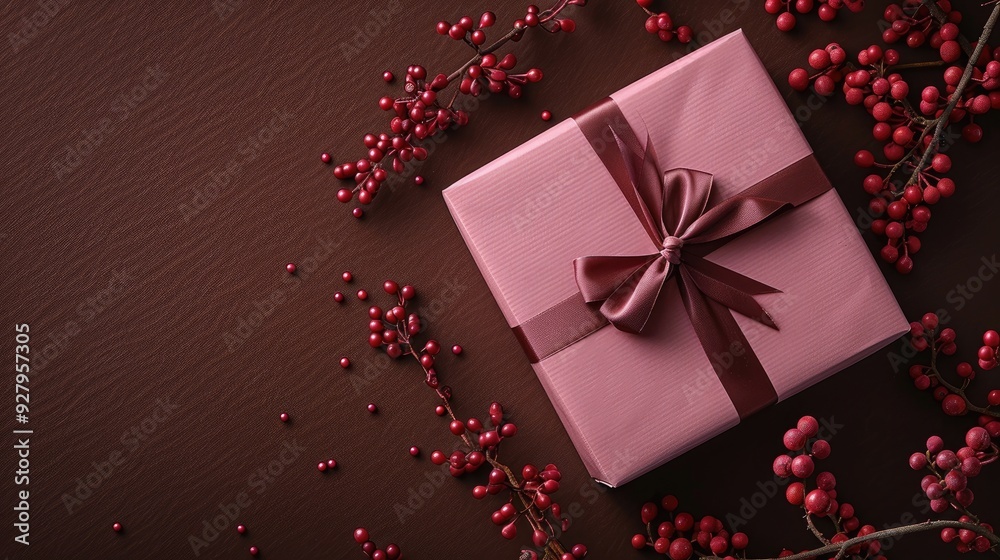 Festive pink present box on burgundy brown background autumn theme ideal for special occasions