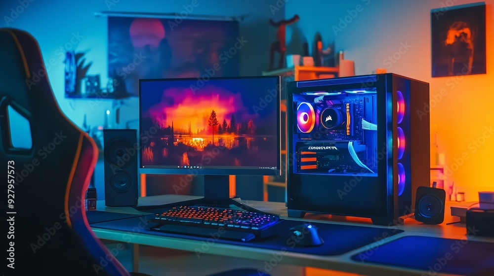 Obraz premium Water-Cooled Gaming PC with RGB Rainbow LED Lighting