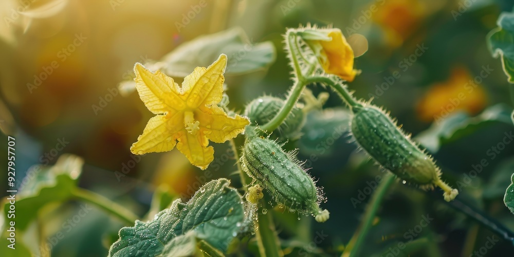 Close up of yellow cucumber flower blooming with flower buds on cucumber plant showing stem and leaves Macro photography Close up of yellow cucumber flower blooming with flower buds on cucumber plant showing stem and leaves Macro photography