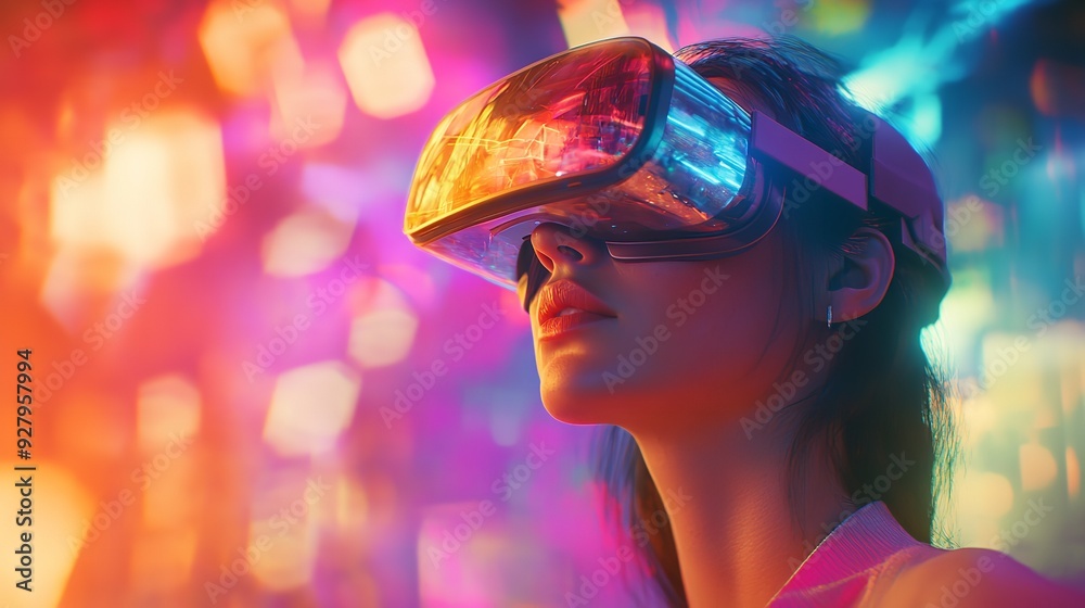 Woman Wearing Virtual Reality Glasses in a Colorful Virtual Environment Woman Wearing Virtual Reality Glasses in a Colorful Virtual Environment