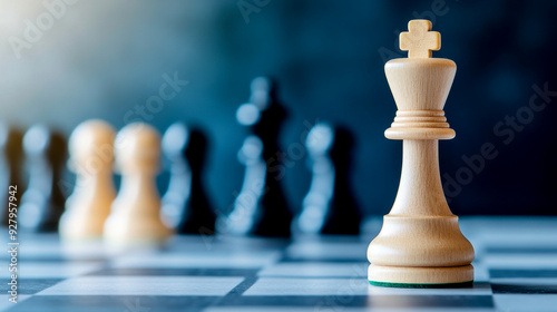 A close-up view of a wooden chess king placed on a chessboard, symbolizing strategy and dominance in the game of chess.