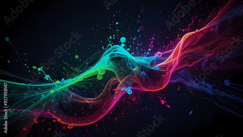 abstract background depicting the energy of chemical reactions, with neon-colored particles colliding and creating waves of energy across a dark, fluid backdrop