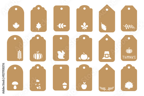 Set of gift tags shapes with fall design. Vector templates for cutting with autumn elements. Craft paper or cardboard discount labels cut files