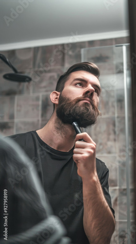 A man standing in front of mirror and trimming his beard with trimmer he is setting his chich hairs