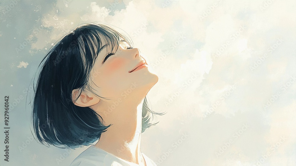 A beautiful illustration of a happy girl smiling under a bright, sunny sky. Perfect for themes of joy, positivity, and happiness. A beautiful illustration of a happy girl smiling under a bright, sunny sky. Perfect for themes of joy, positivity, and happiness.