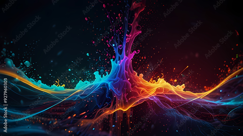 abstract background depicting the energy of chemical reactions, with neon-colored particles colliding and creating waves of energy across a dark, fluid backdrop abstract background depicting the energy of chemical reactions, with neon-colored particles colliding and creating waves of energy across a dark, fluid backdrop