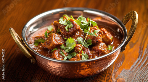 Fototapeta Naklejka Na Ścianę i Meble -  close-up of a richly spiced Indian curry served in a copper bowl, garnished with fresh cilantro