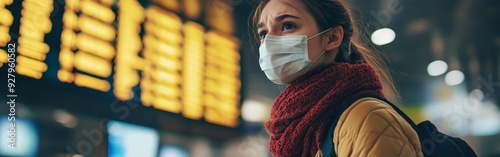 Young woman at airport wearing a mask and checking flight information