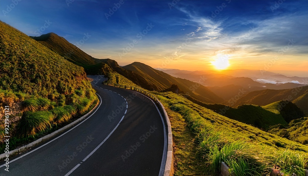 Fototapeta premium featuring a dazzling sunset over a curvy mountain road. generative ai