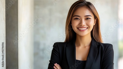 Portrait of a smiling young woman in a black blazer, standing in front of a wall, arms crossed, looking at the camera.