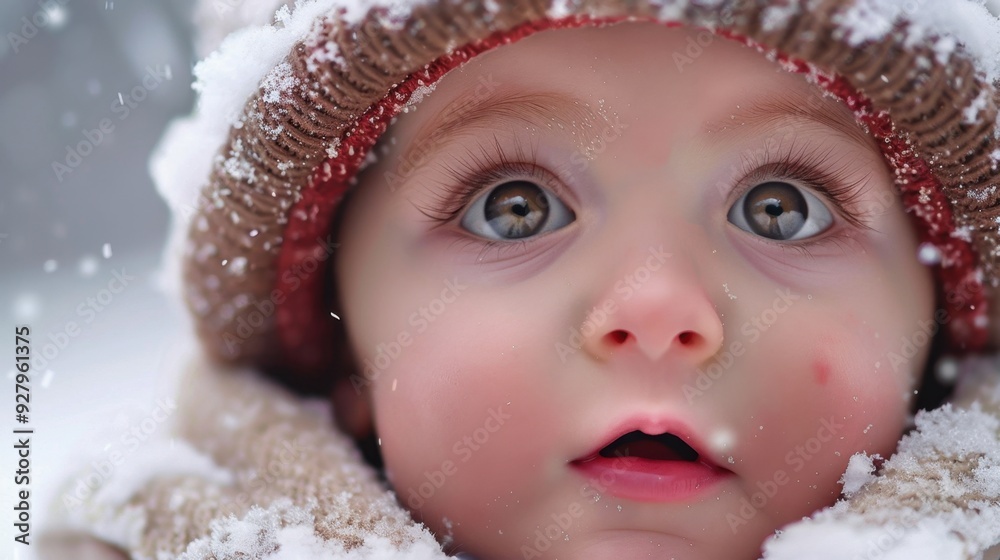 A baby first experience of snow, with wide eyes and a sense of wonder, capturing the joy of new discoveries.