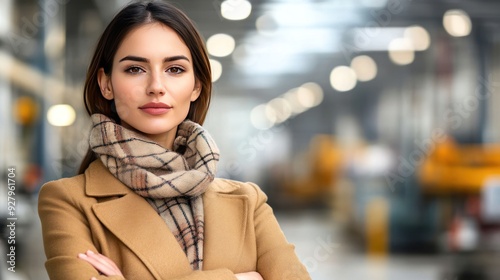 Portrait of a young woman in a brown coat and checkered scarf, standing in a blurred industrial background.