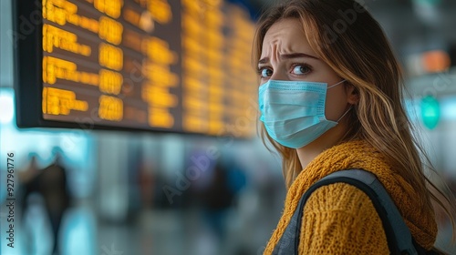 Young woman at airport wearing a mask and checking flight information