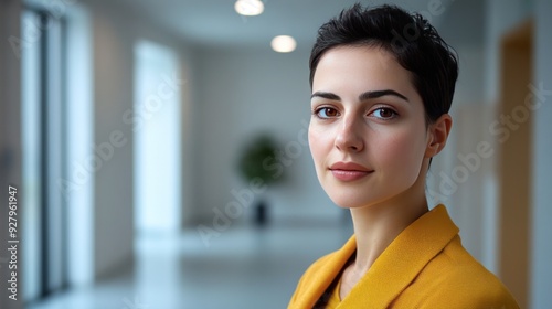 Portrait of a woman in a yellow blazer, looking directly at the camera.