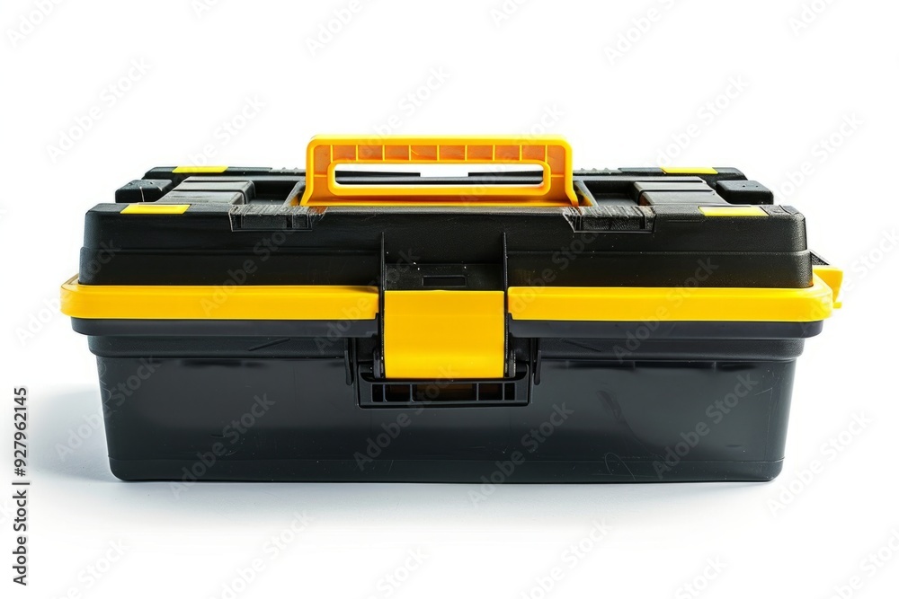 Black and yellow plastic toolbox front view on white background. Conceptual. Minimalist style. Useful for storage and organization of tools. Generative AI Black and yellow plastic toolbox front view on white background. Conceptual. Minimalist style. Useful for storage and organization of tools. Generative AI
