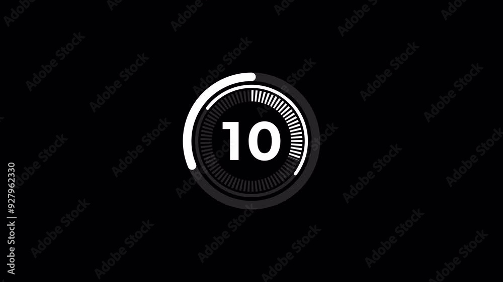 15 second countdown animation on black background. 4k video